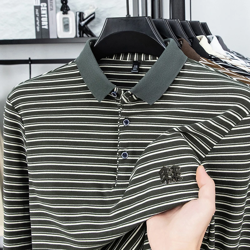 Men's Striped Long Sleeved T-shirt Polo Shirt Button Up Men's Stand Up Collar, Winter Double-sided German Velvet Base Shirt - Image 4