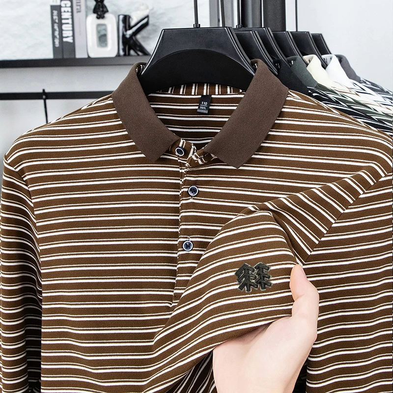 Men's Striped Long Sleeved T-shirt Polo Shirt Button Up Men's Stand Up Collar, Winter Double-sided German Velvet Base Shirt - Image 5