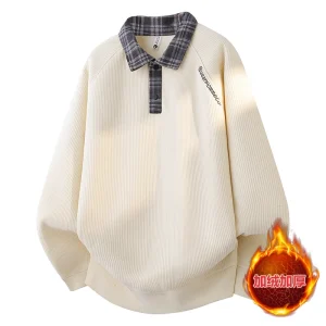 One Piece Velvet Fake Two-piece Sweater for Young Men in Autumn and Winter Thick Long Sleeved Polo Collar Base Knit Sweater