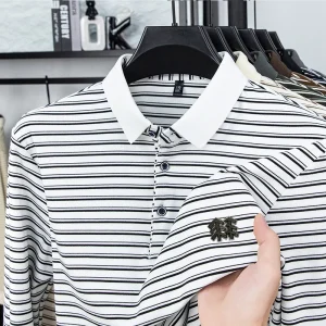 Men's Striped Long Sleeved T-shirt Polo Shirt Button Up Men's Stand Up Collar, Winter Double-sided German Velvet Base Shirt