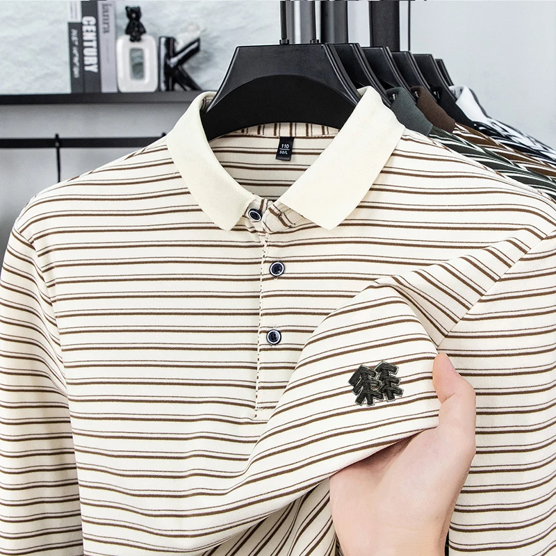 Men's Striped Long Sleeved T-shirt Polo Shirt Button Up Men's Stand Up Collar, Winter Double-sided German Velvet Base Shirt - Image 3